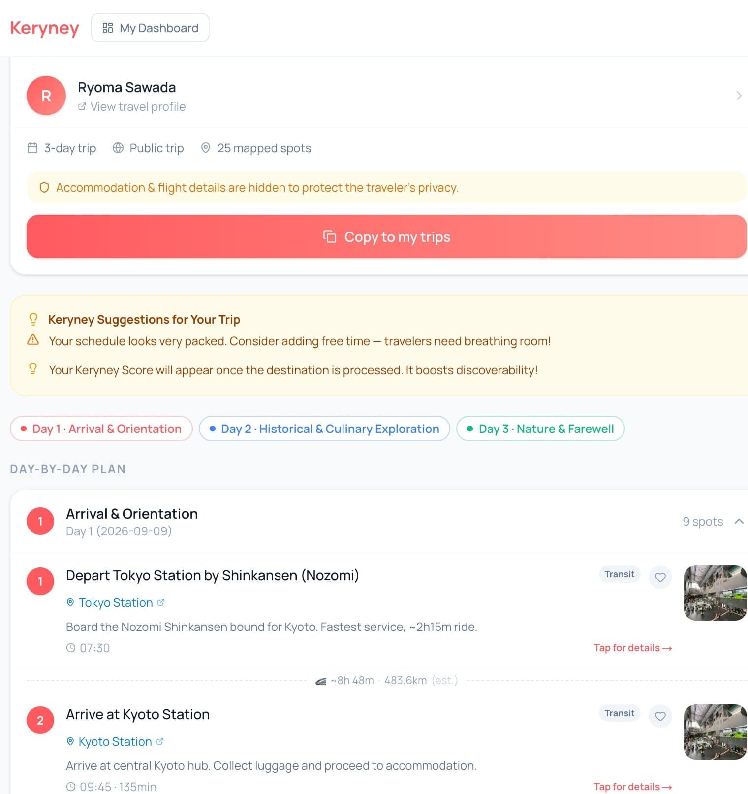 A public itinerary, day by day